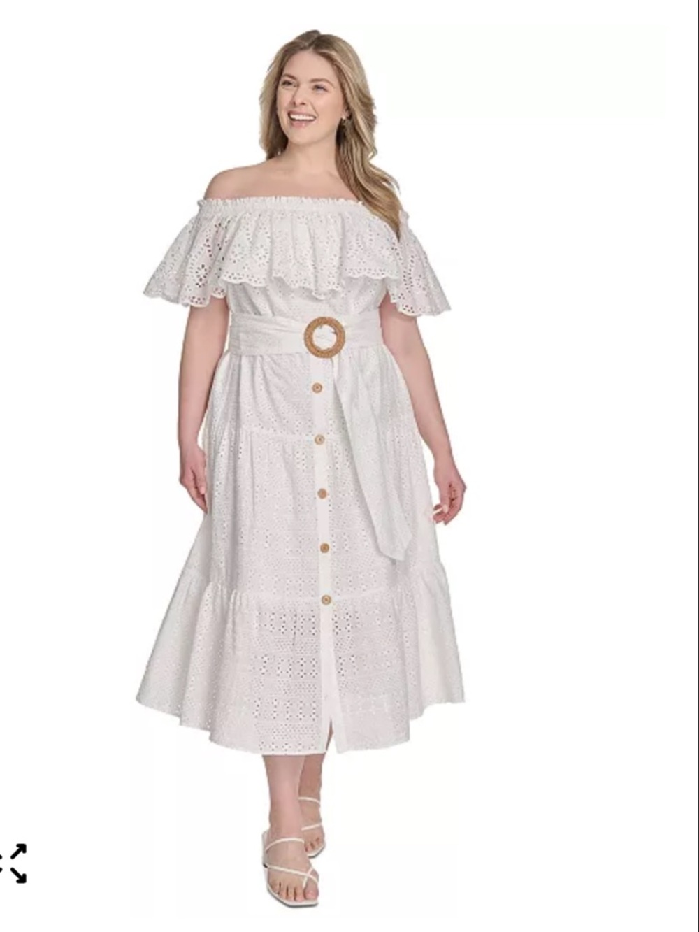 Eliza J White One-Shoulder Eyelet Midi Dress with Natural Buckle